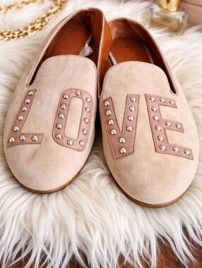 Rebecca Minkoff Blush Suede LOVE Studded Slip On Loafers 9.5